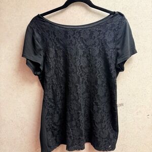 Ann Taylor LOFT L Womens Black Lace Front Lined Short Sleeve Cozy Soft  Blouse‎